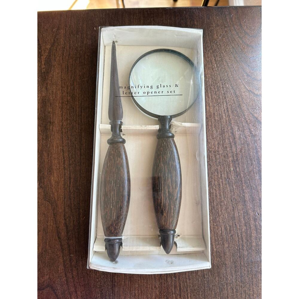 New Pier one Antique style Magnifying Glass Letter opener set Desk Decor